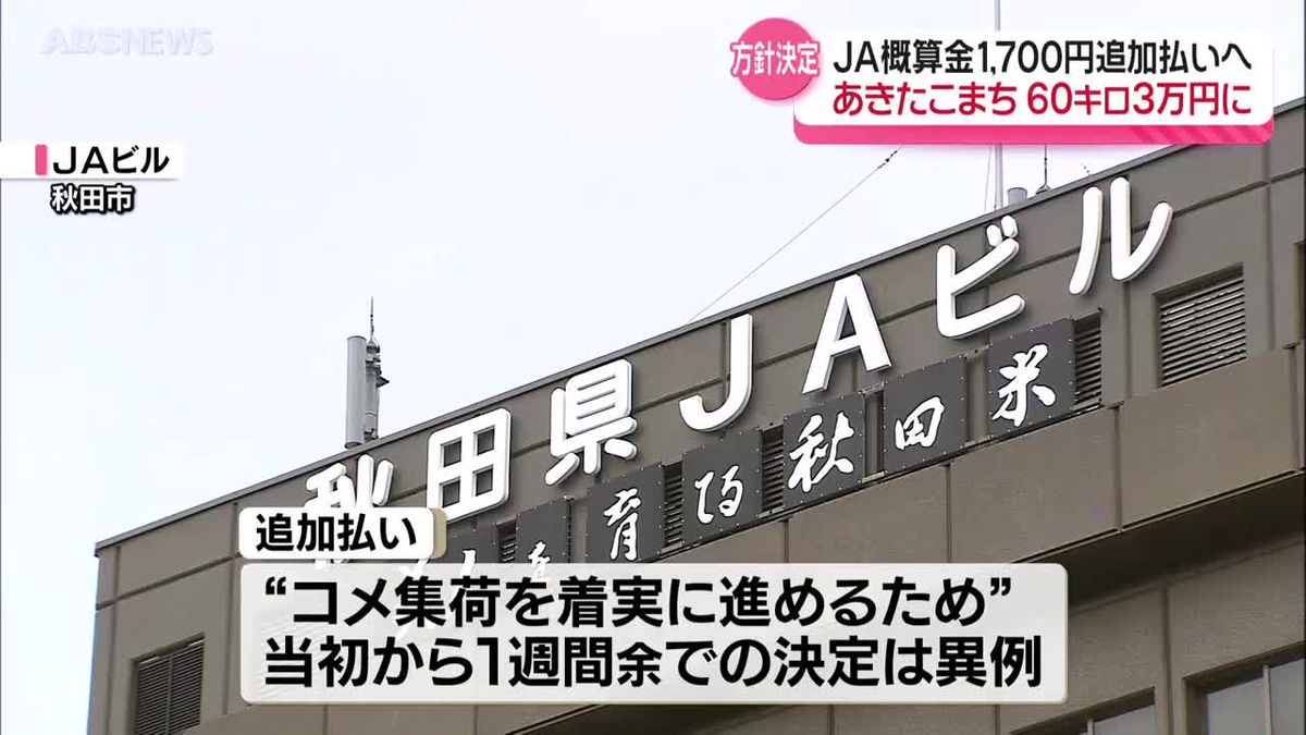 今年産あきたこまちのJA概算金 12月に1,700円の追加払いへ 当初の金額 