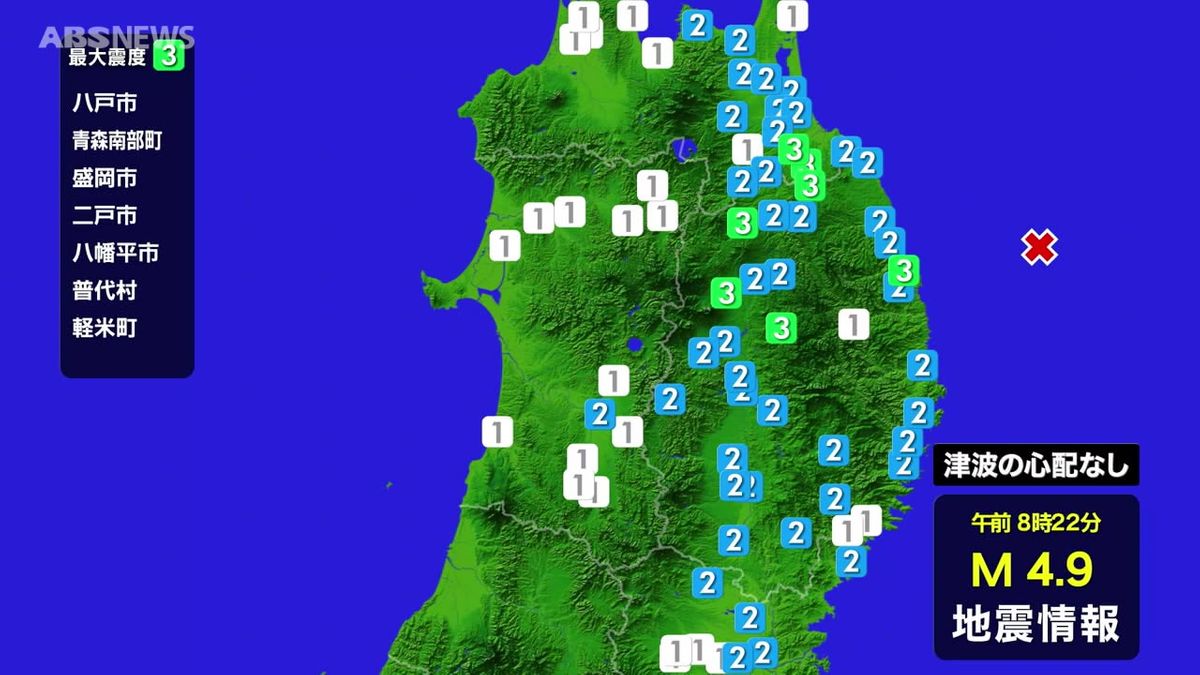 岩手県沖震源の地震　県内では震度2　24日朝