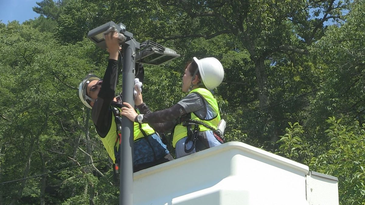 夜も安心して公園散策を 電気工事業者が鯖江市西山公園の街灯を清掃