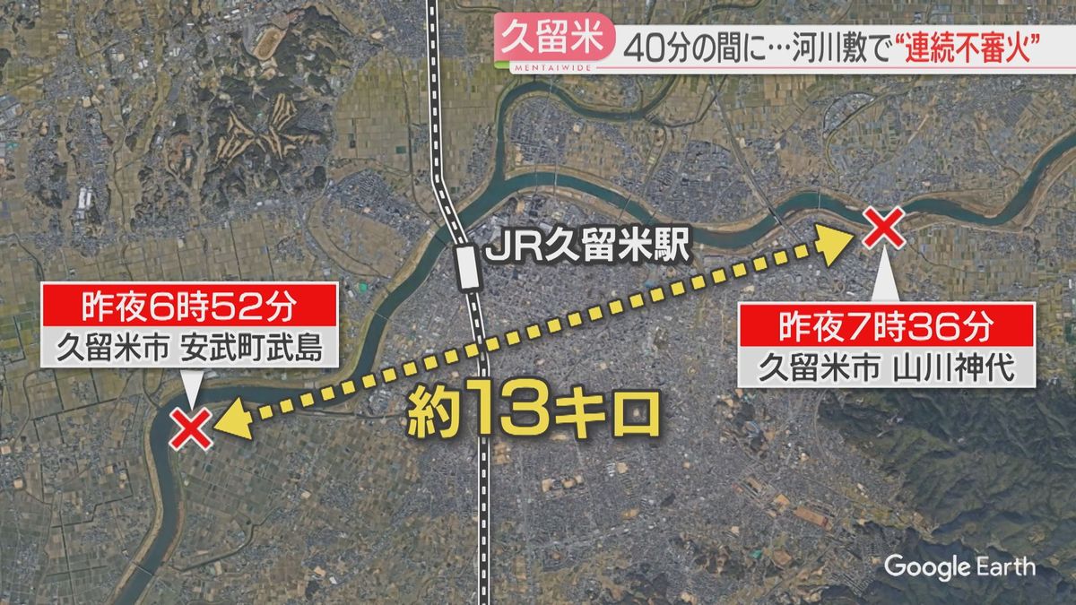 河川敷2か所で不審火