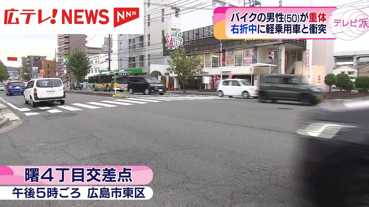 軽乗用車とバイクが衝突 バイクの男性が重体   広島市東区