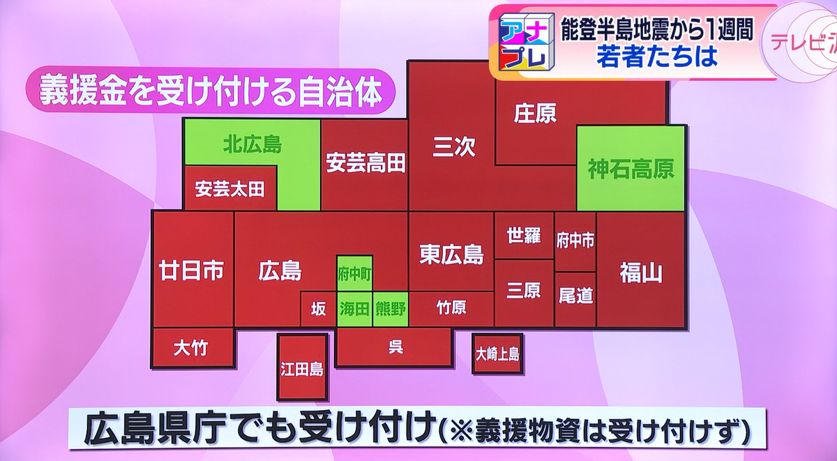 １月８日時点で、義援金を受け付けている広島県内の自治体