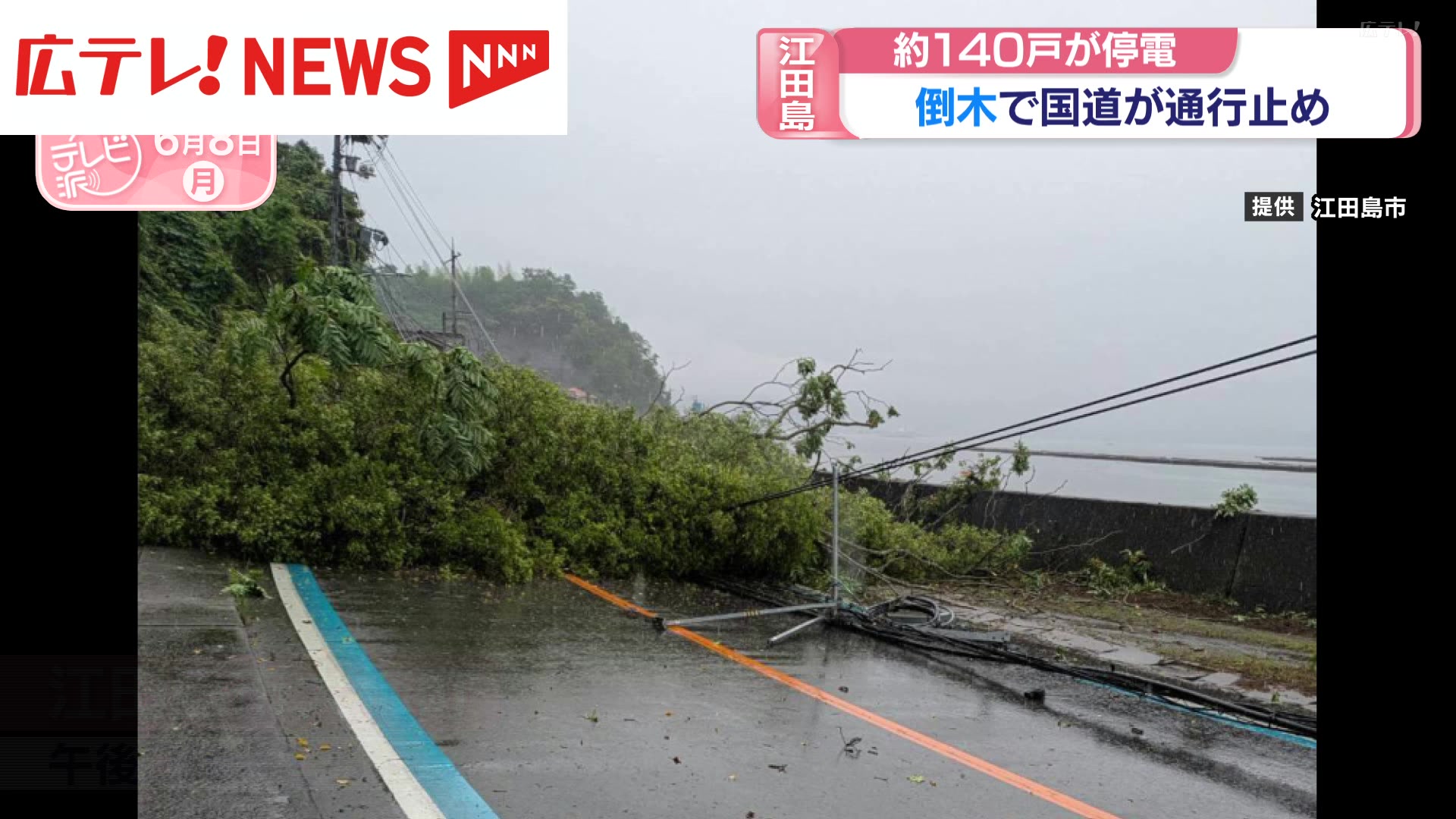 続報】江田島市大柿町で倒木のため県道通行止め 約140戸が停電（2026年