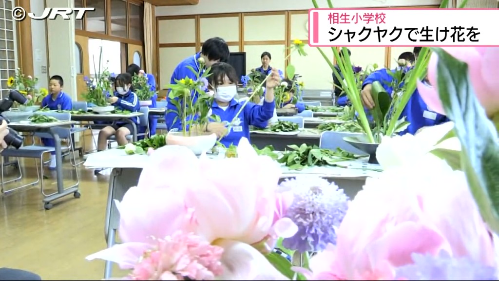 シャクヤクを生けて地元の良さを知る　相生小で生け花教室【徳島】
