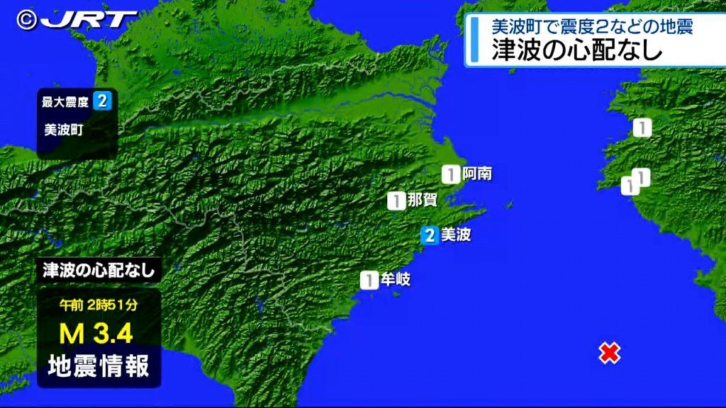 美波町で震度2など観測　午前2時51分ごろ和歌山県南方沖を震源とする地震　津波の心配なし【徳島】