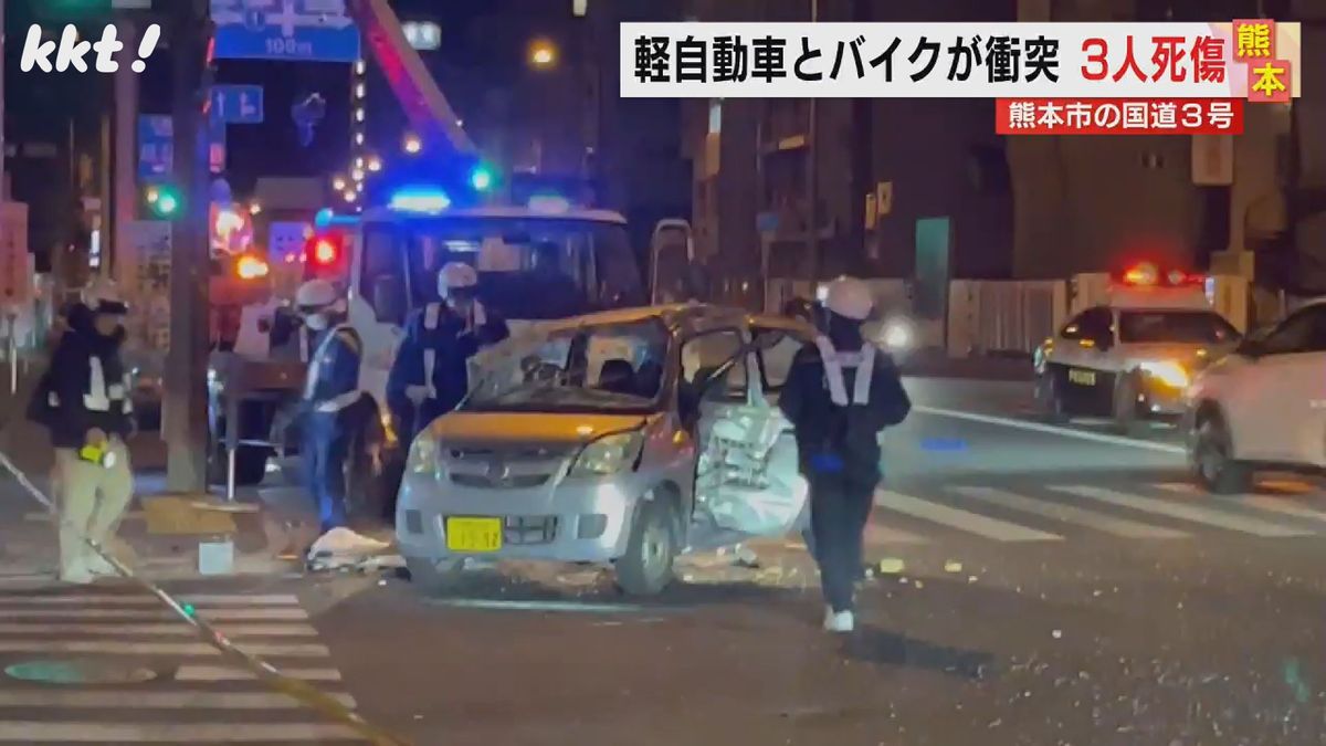 右折しようとした運転代行の軽自動車と大型バイクが衝突3人死傷 熊本市の国道3号