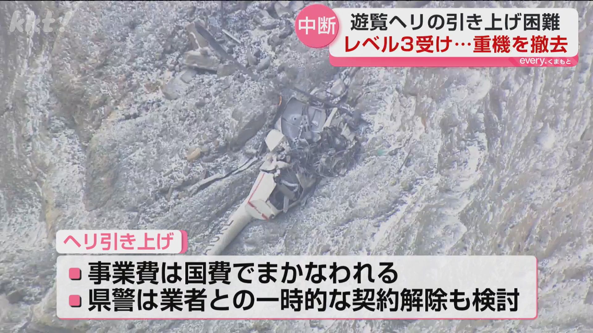 阿蘇中岳第一火口内の大破ヘリ 引き上げのための重機を現場から撤去