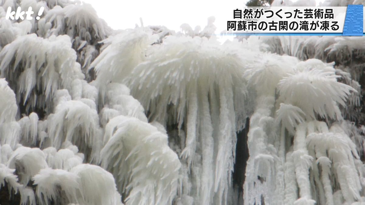 鳥の羽や花びらのよう…自然がつくった氷のオブジェ 古閑の滝(阿蘇市)が凍る 