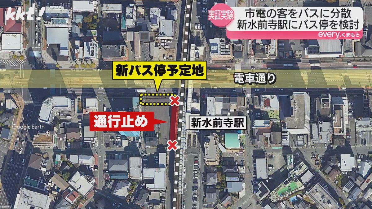 実証実験では電車通りの左折レーンと歩道の一部を使用