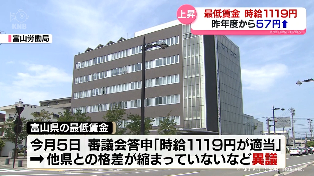 富山県の最低賃金　５７円アップ１１１９円　引き上げ幅は昨年度に次ぐ過去２番目
