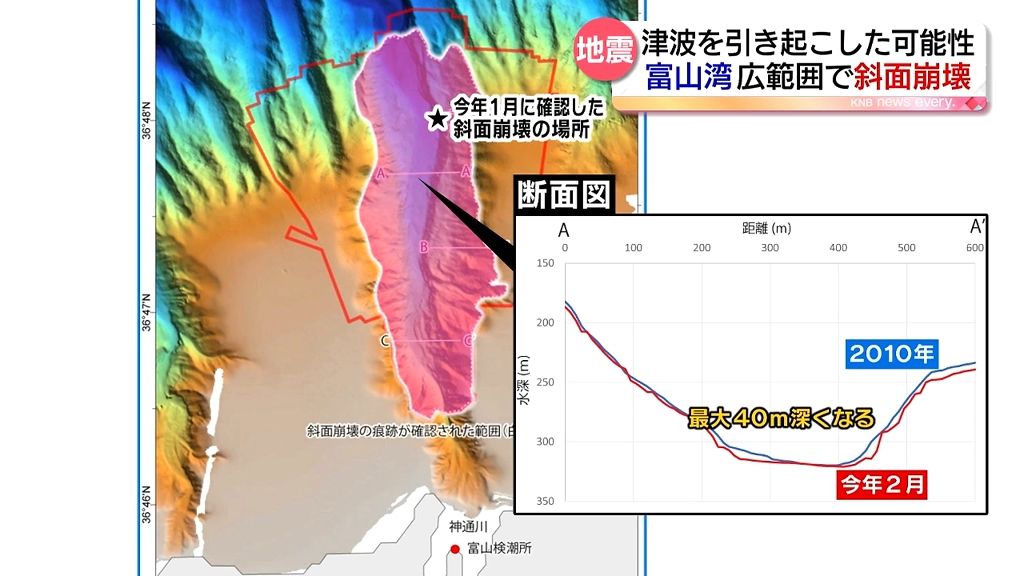 富山湾の海底崩落　2月の調査で崩落面積広範囲だったこと判明　津波の原因か