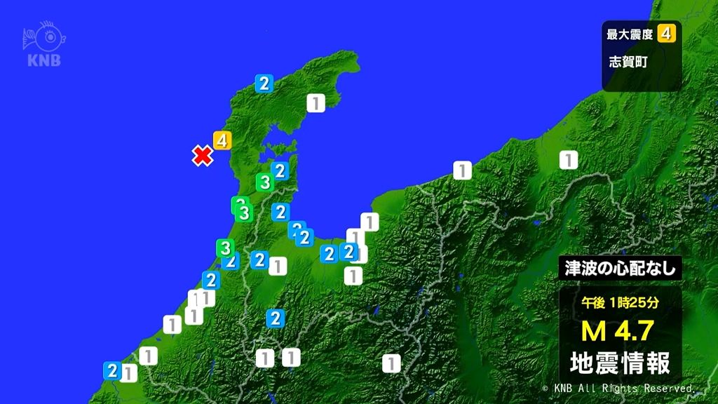 能登半島沖震源の地震　県内震度２　能登で最大震度４