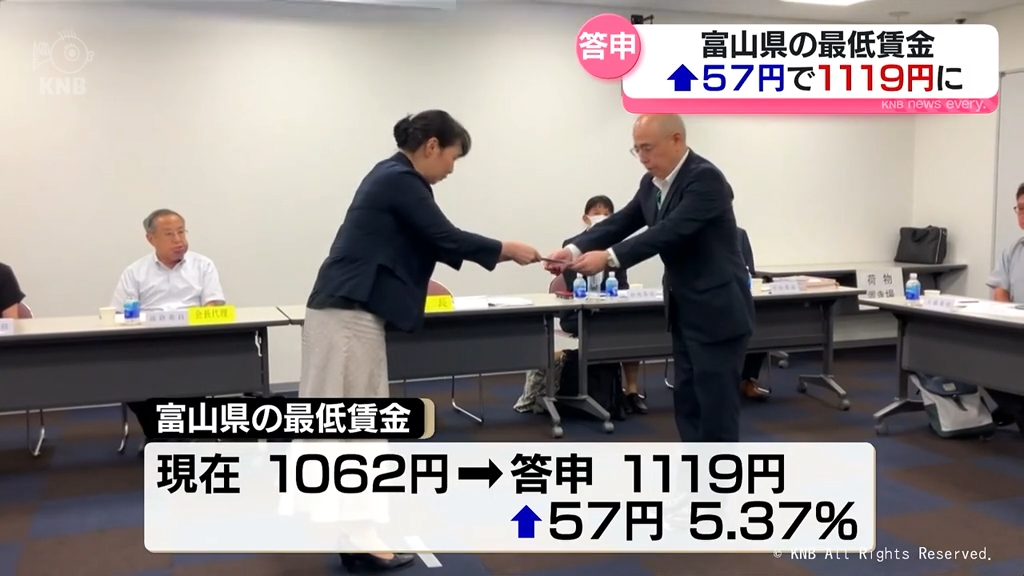 富山県の最低賃金1119円 富山労働局長へ審議会答申 57円引き上げ（2026