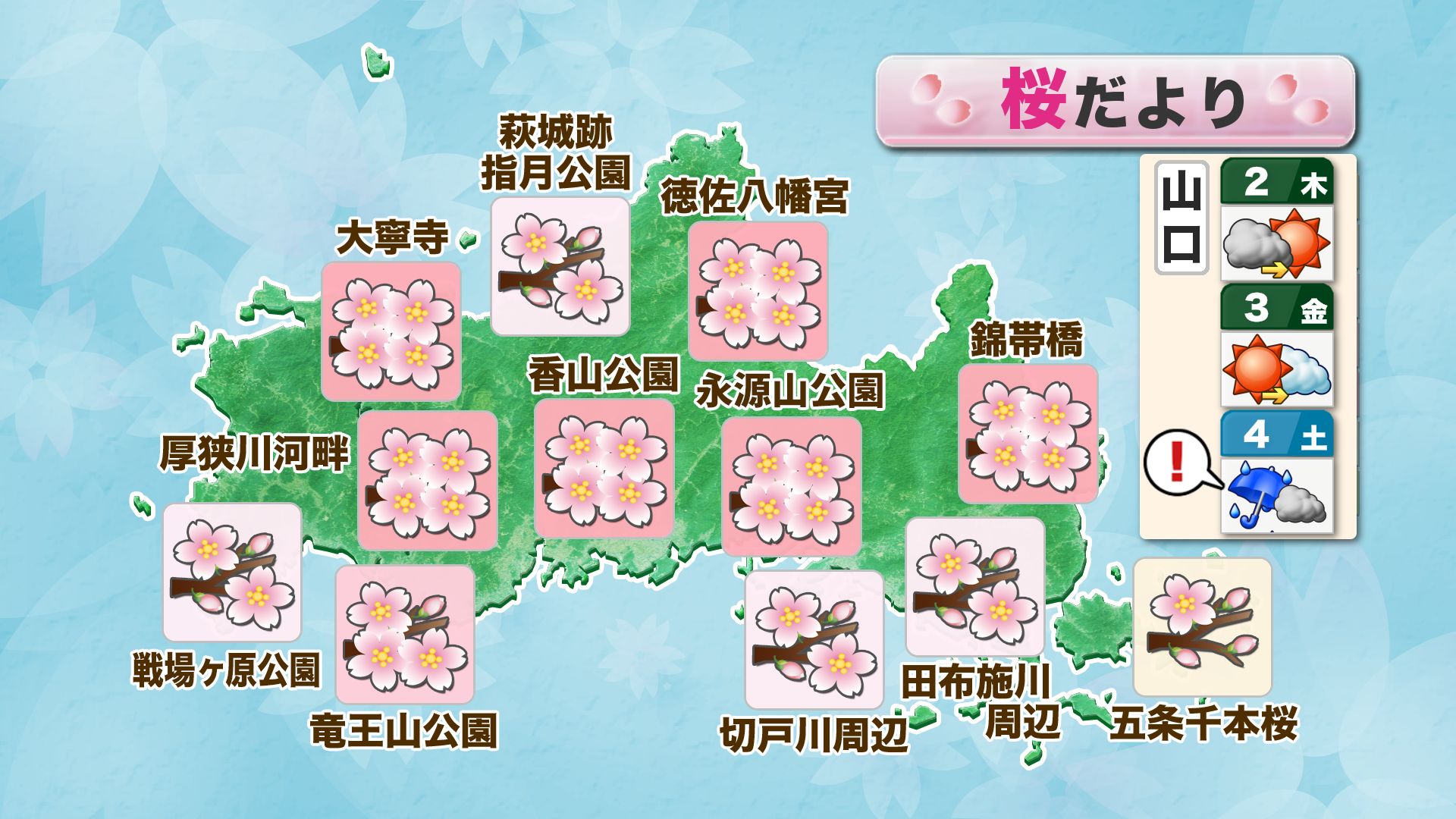 山口天気 夕刊4/1】雨が上がったらサクラ鑑賞を！ 木～金曜は日ざし