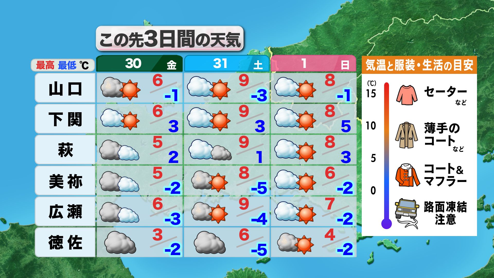 山口天気 夕刊1/29】まだまだ寒さマシマシ…あす30日(金)～週末も「寒