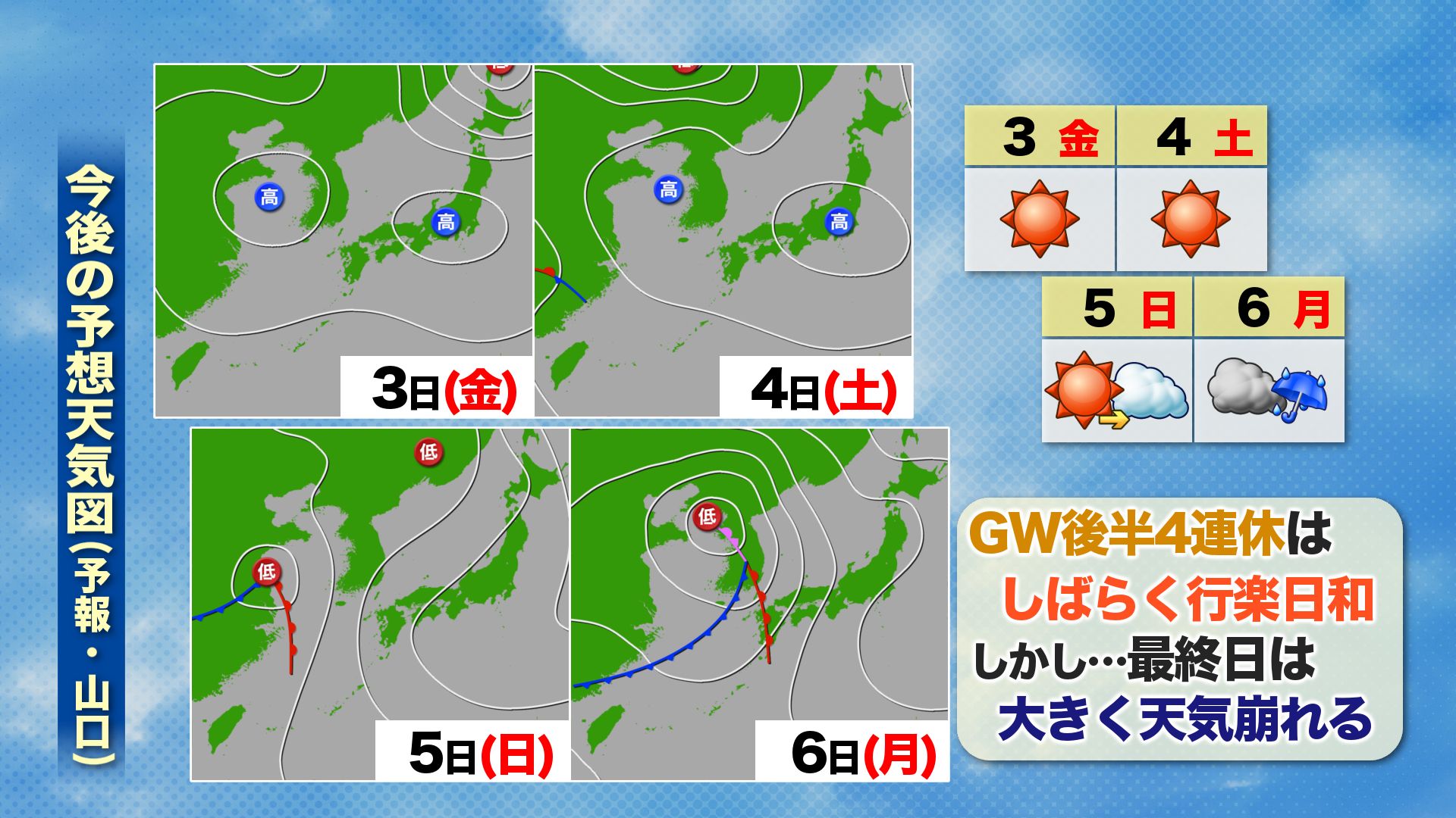 山口天気 朝刊5/3】連休後半4連休は上々の行楽日和でスタート
