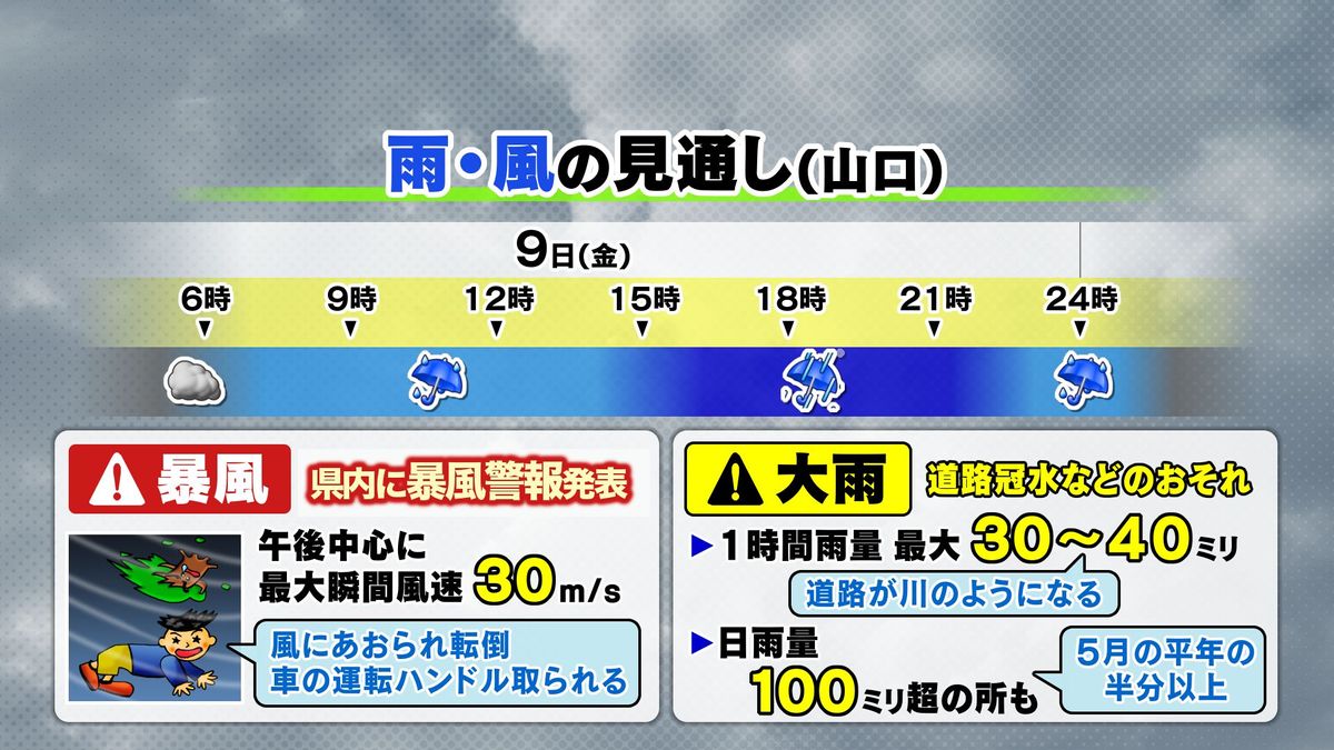 【山口天気 朝刊5/9】山口県に「暴風警報」…きょう9日(金)は午後ほど雨風激しい荒天警戒 日雨量100ミリ超も