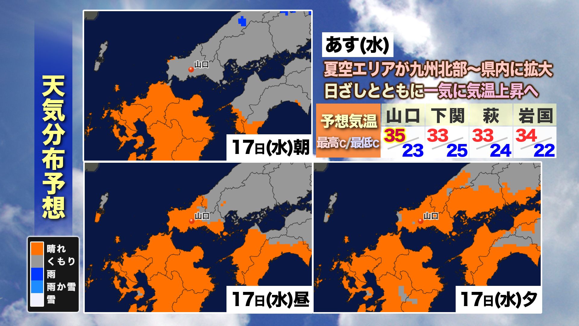 山口天気 夕刊7/16】長く続いた大雨はひと区切りへ…あす17日(水)は夏空