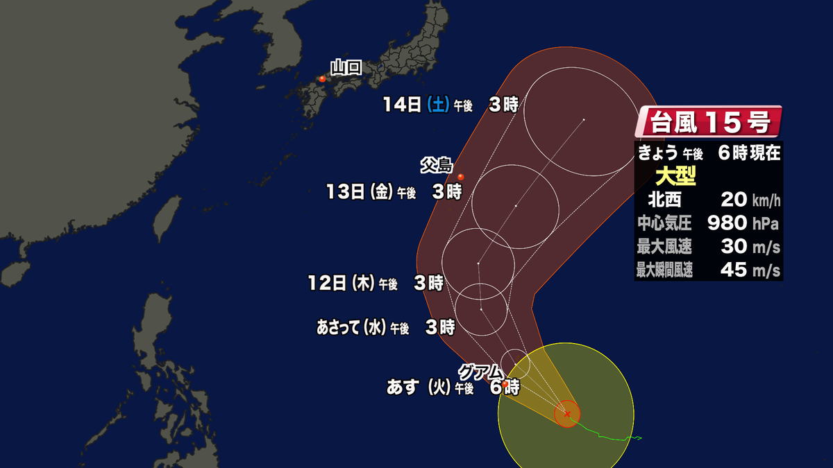 【山口天気 夕刊10/9】週末に発生した台風15号は非常に強い勢力で小笠原諸島近海へ　10日（火）の山口県は朝はにわか雨　冷たい北風が吹きやすく