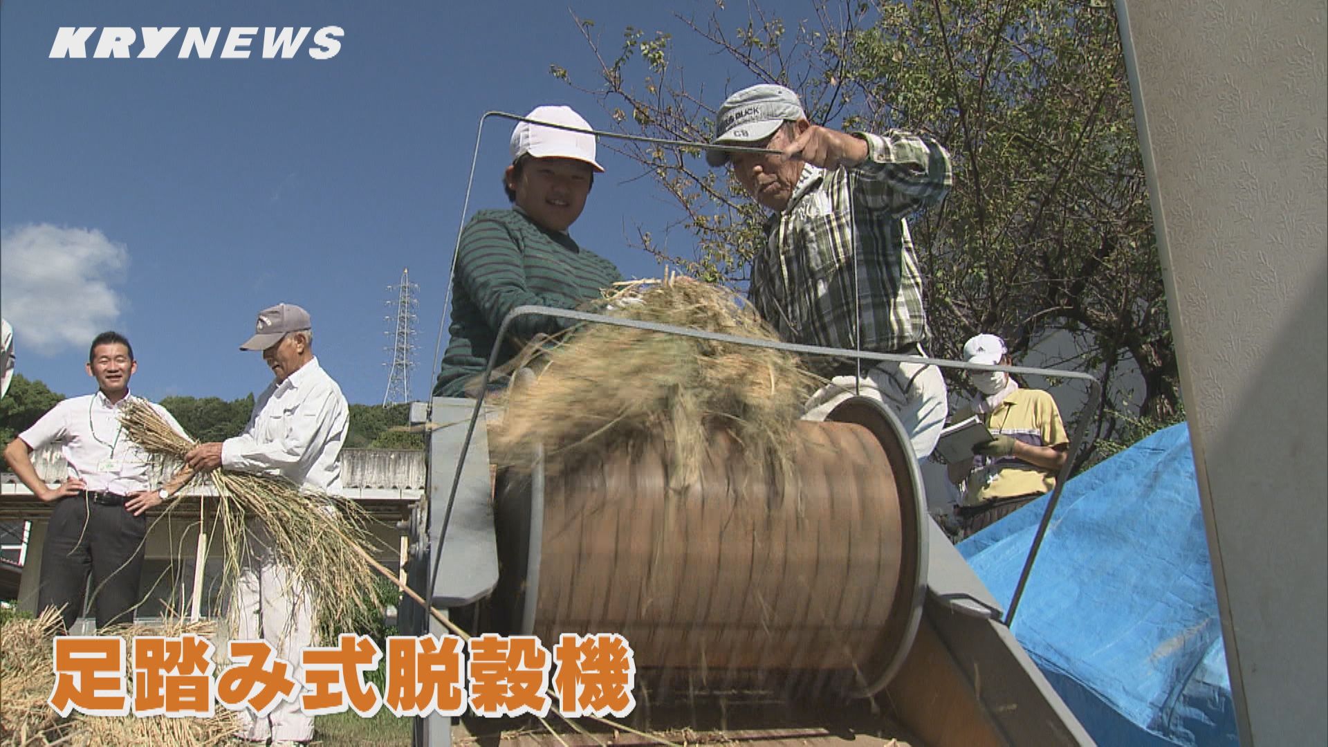 小学生が昔ながらの稲こきに挑戦！もち米脱穀を足踏み式機械で体験 12月には餅つき（山口・下松）（2023年10月10日掲載）｜KRY NEWS NNN