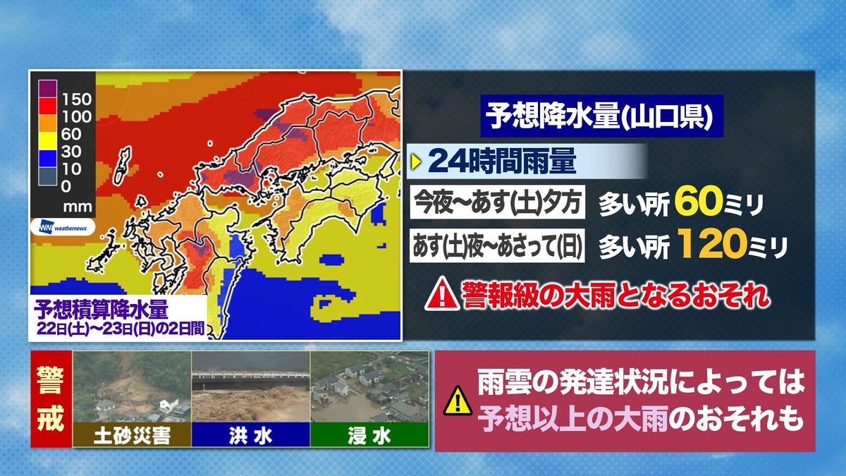 【山口天気 夕刊6/21】警報級の大雨に！雷を伴った激しい雨が降るおそれも 災害の危険度が高まるためハザードマップや避難経路の再確認を