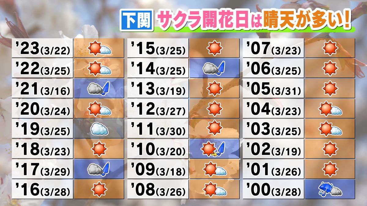 下関・サクラ開花日は晴天が多い！