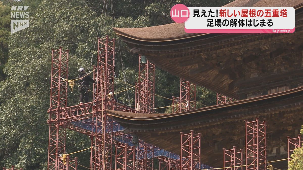連休にはその全貌が！70年ぶり大改修の山口市の国宝「瑠璃光寺五重塔」足場の解体始まり姿現す