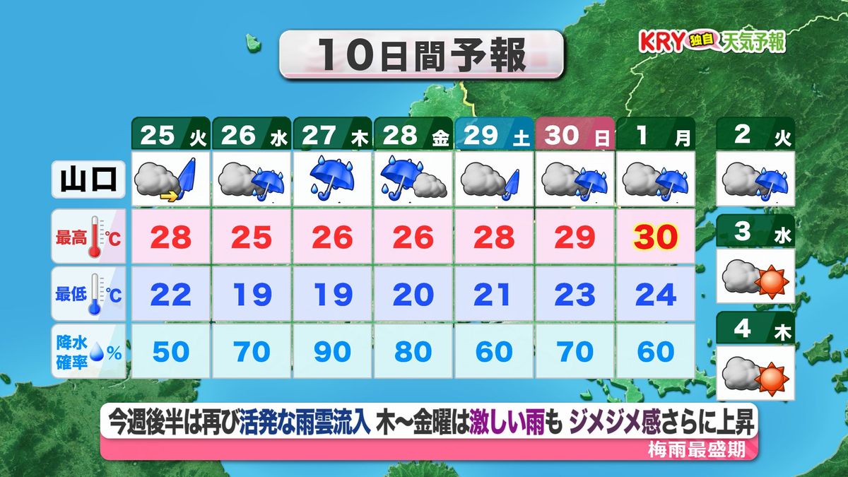 【山口天気 夕刊6/24】あす(火)は梅雨前線は九州に停滞し 県内は一部弱い雨　今週後半は再びまとまった雨雲流入…大雨への緊張感を高めて
