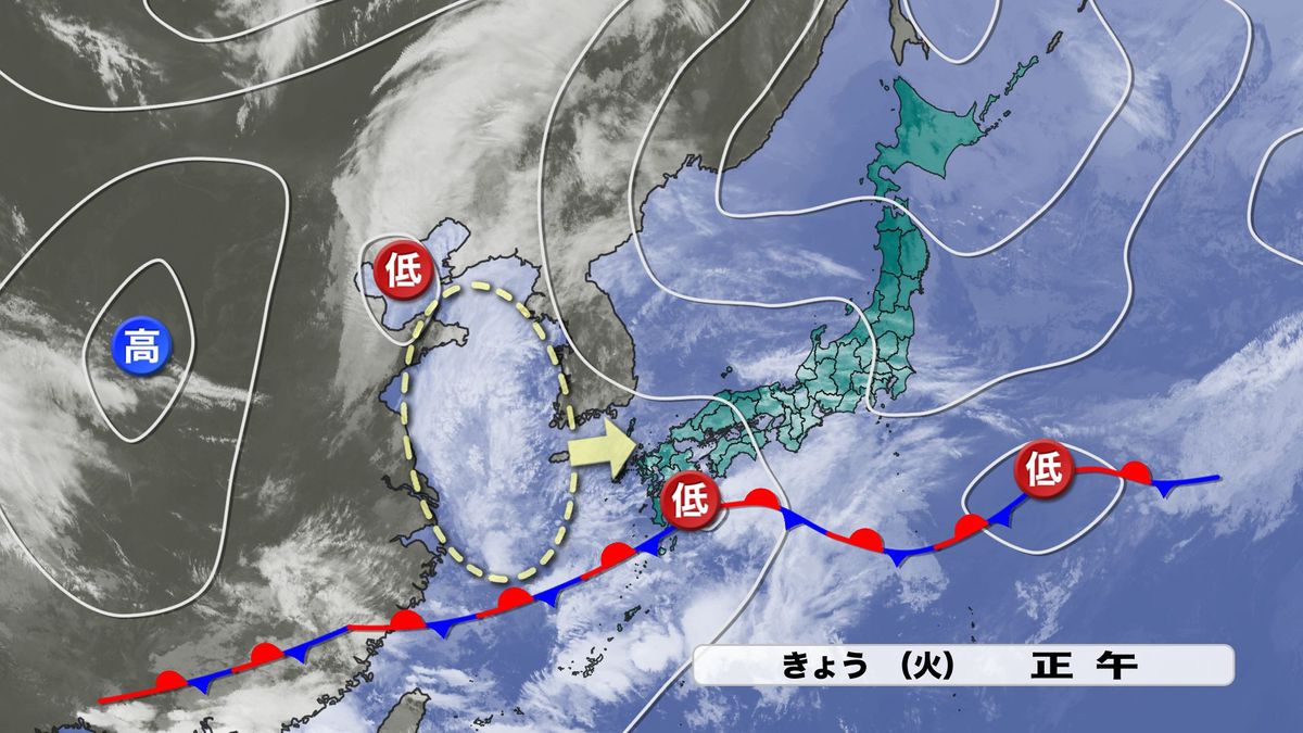 23日(火)の実況天気図と西から近づく雲