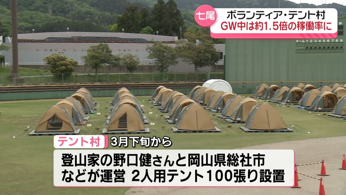 七尾市のボランティア宿泊拠点　100張のテント村が連休中は1.5倍の稼働率