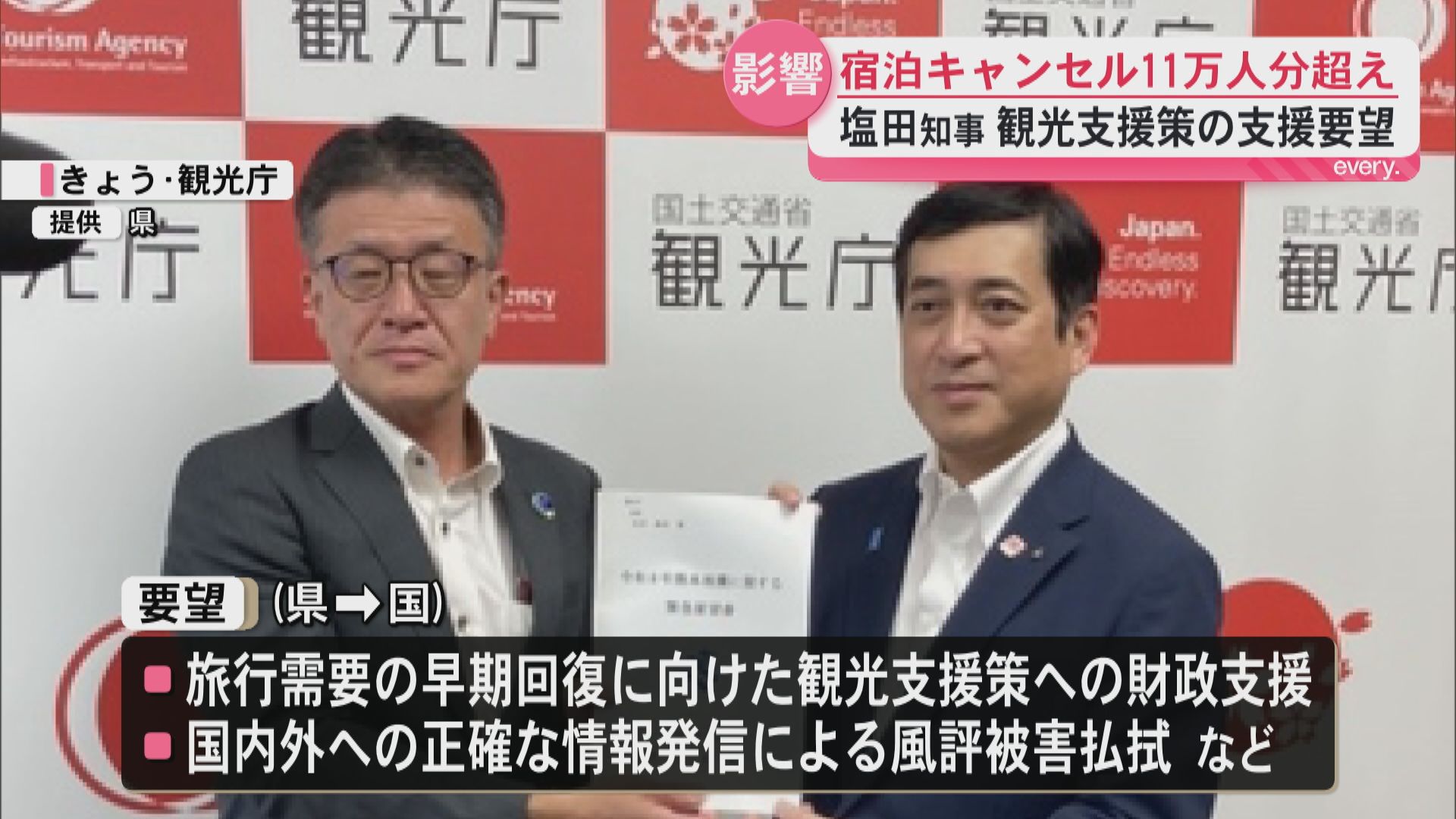 宿泊キャンセル11万人分超　塩田知事が国に緊急要望「観光支援策への財政支援、風評被害の払拭など」