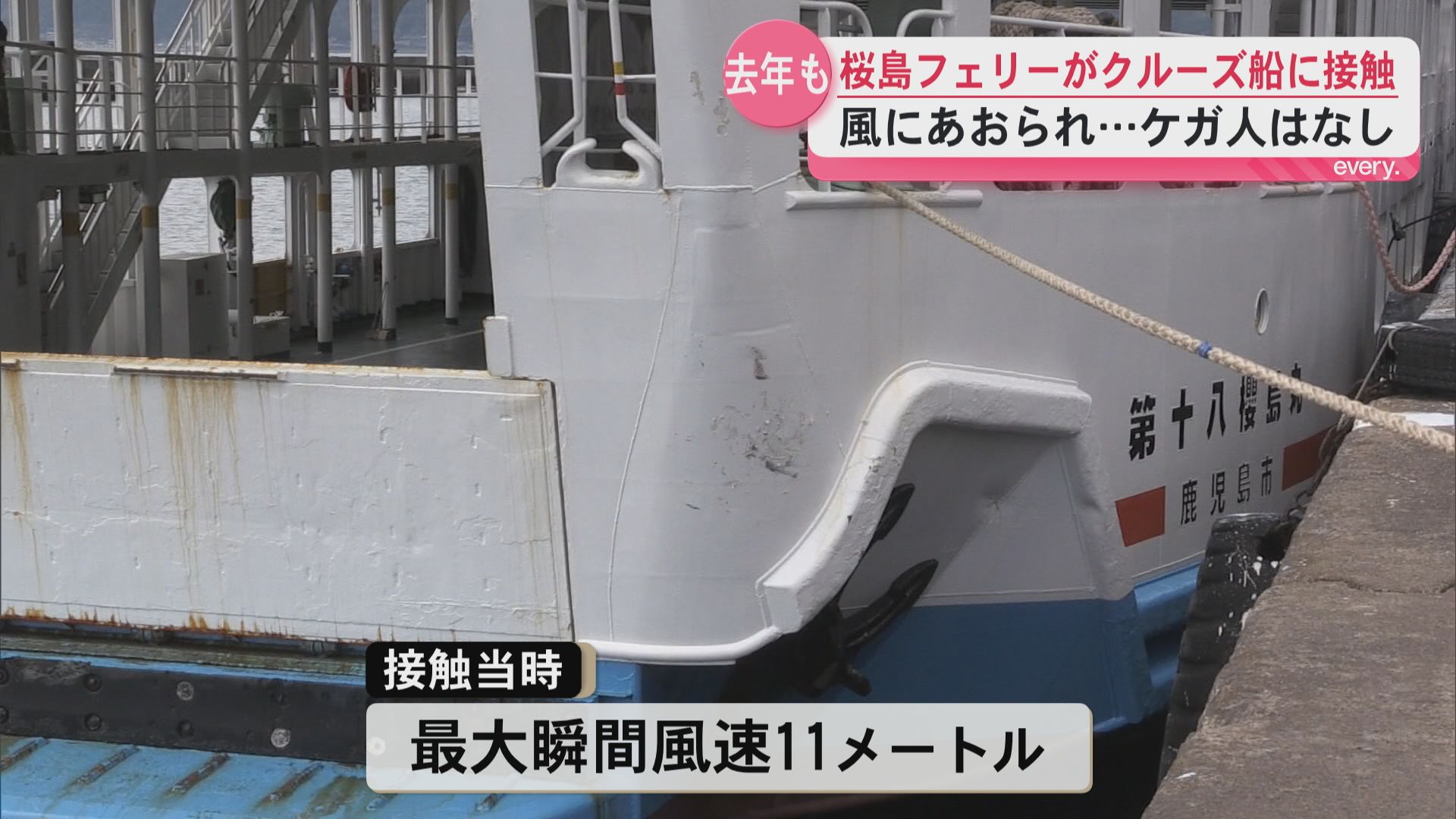 強風で移動中の桜島フェリーがクルーズ船「クイーンズしろやま」に接触　ケガ人なし　去年も岸壁に接触