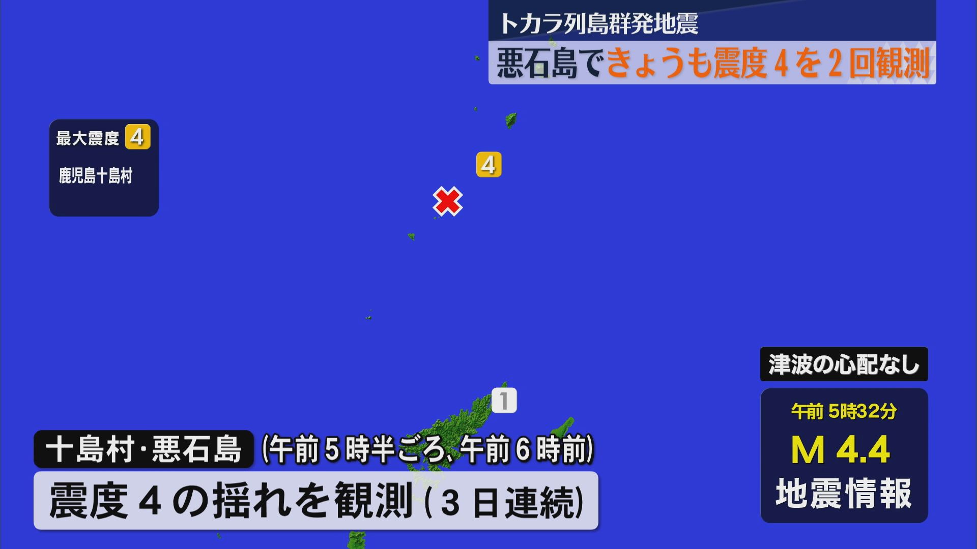 十島村の悪石島で震度4を2回観測 18日までに震度4以上が観測されなければ19日に帰島判断へ