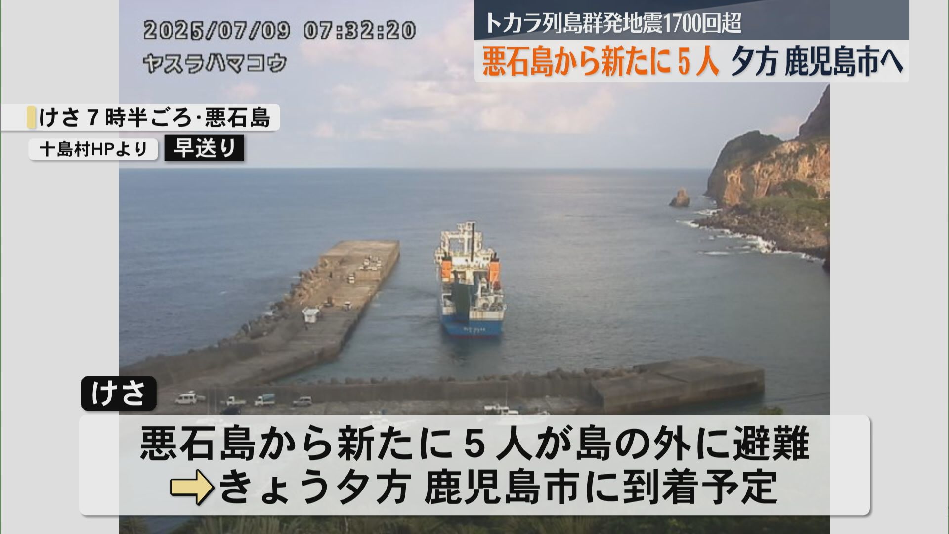 悪石島からさらに5人が島外避難 9日夕方には鹿児島市に 一連の