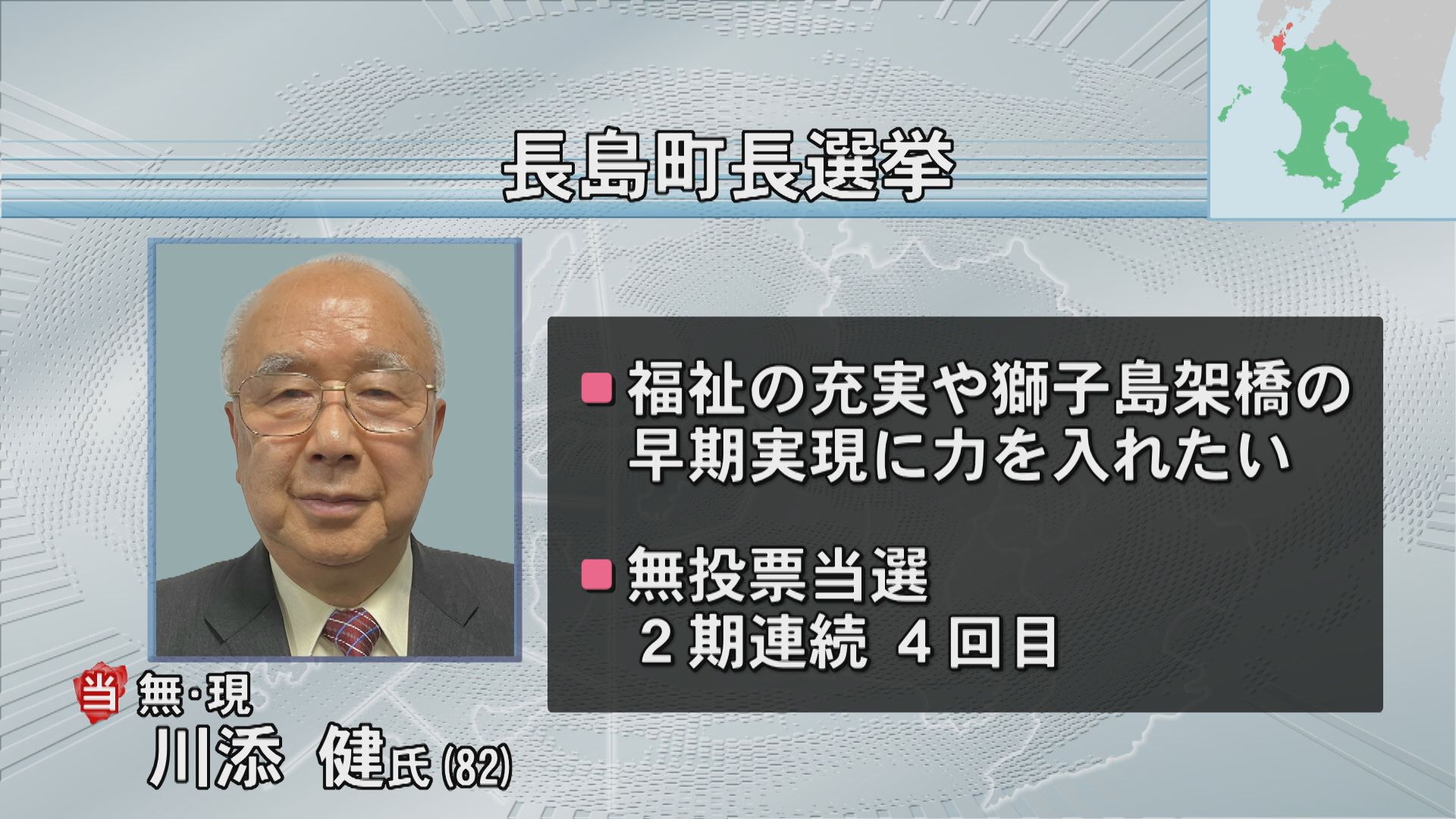長島町長選挙　現職・川添氏(82)が無投票で6期目の当選　獅子島架橋の早期実現へ意気込む