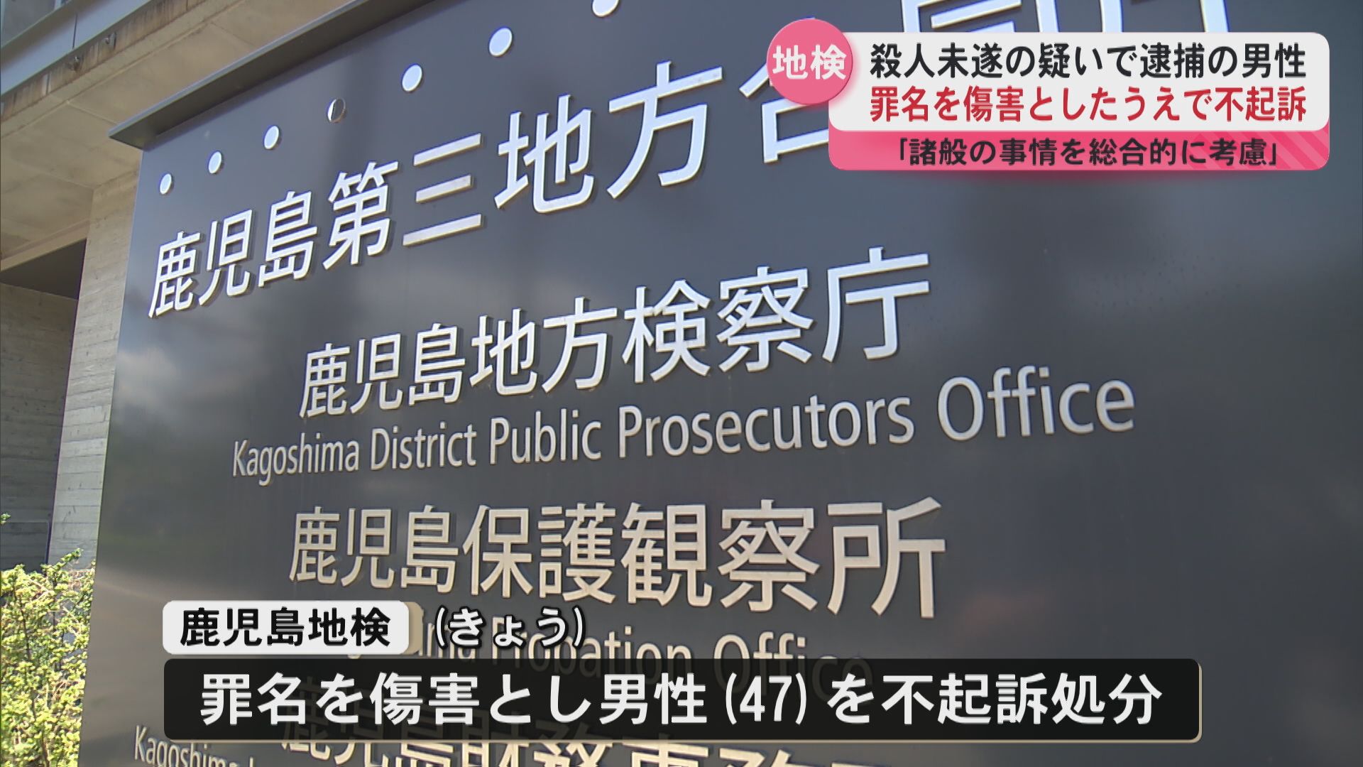「諸般の事情を考慮」殺人未遂の疑いで逮捕・送検された男性(47)を不起訴処分