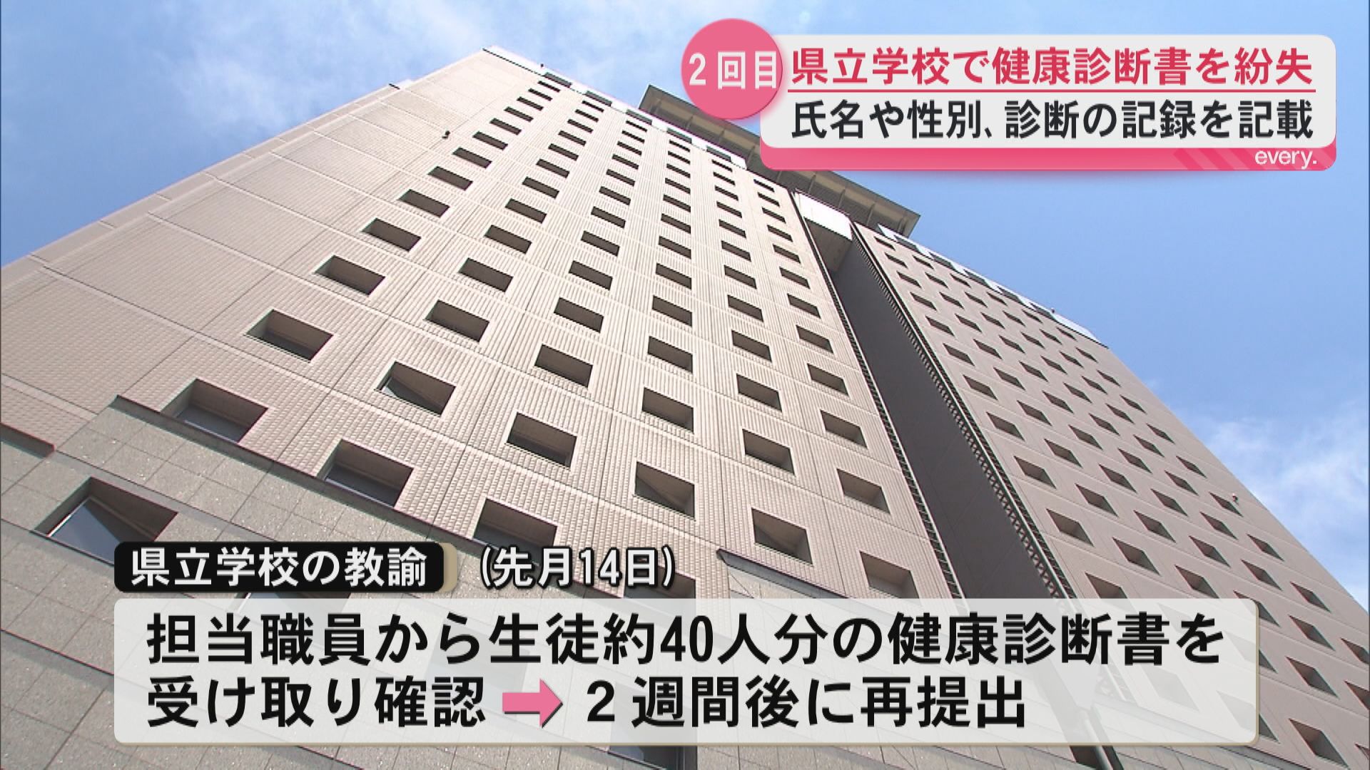 県立学校で生徒1人分の健康診断書を紛失　紛失の発表は6月で2回目　外部への流出などの被害なし