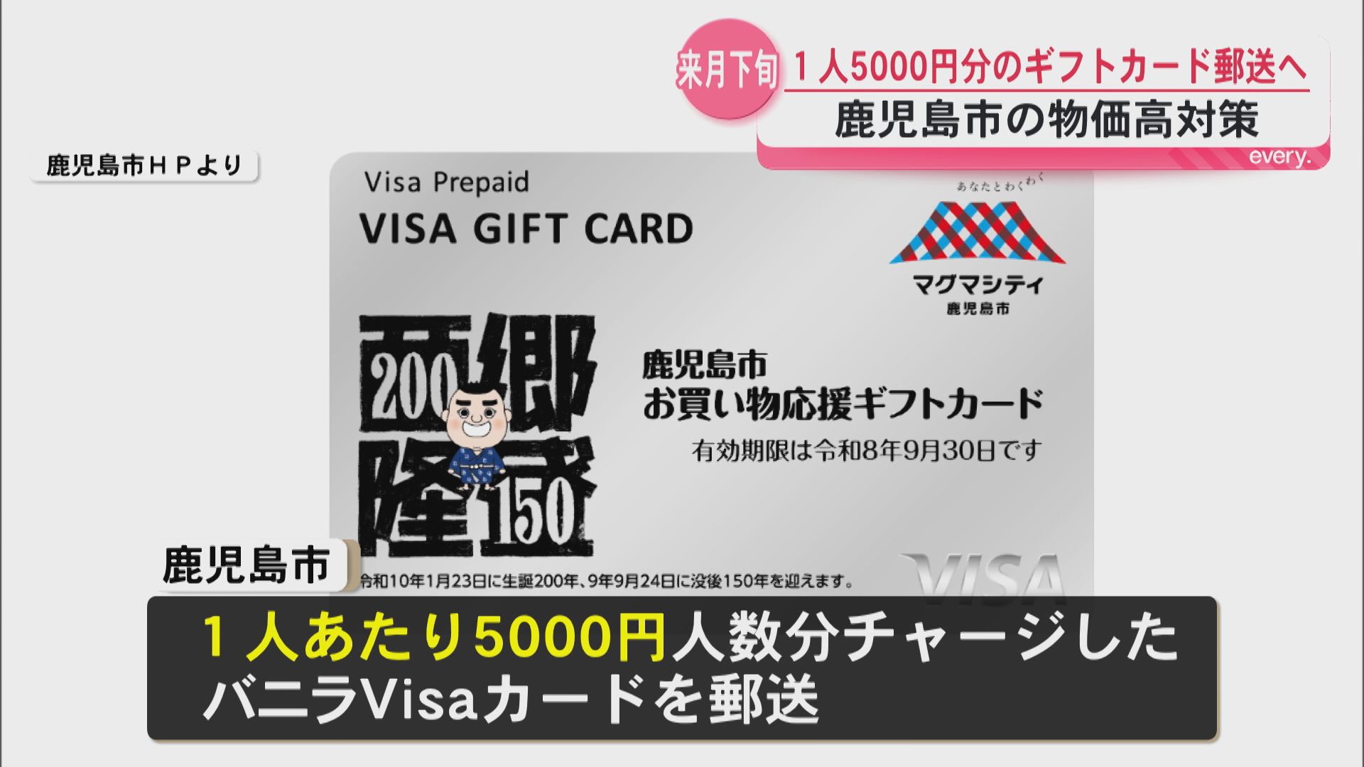 鹿児島市　物価高騰対策で市民1人5000円のギフトカード配布　利用期限は9月30日