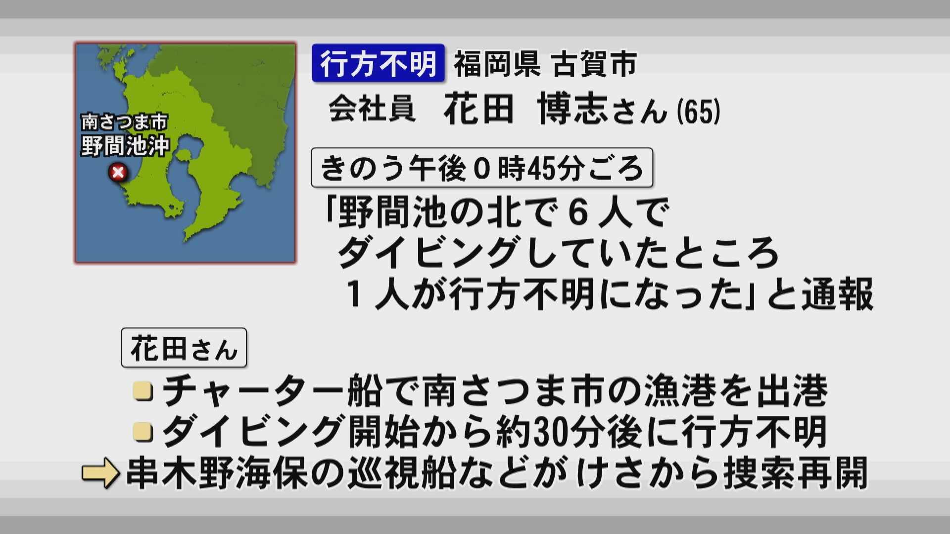 ダイビング中に行方不明の男性(65)捜索続く 南さつま市野間池沖 手掛かりなし