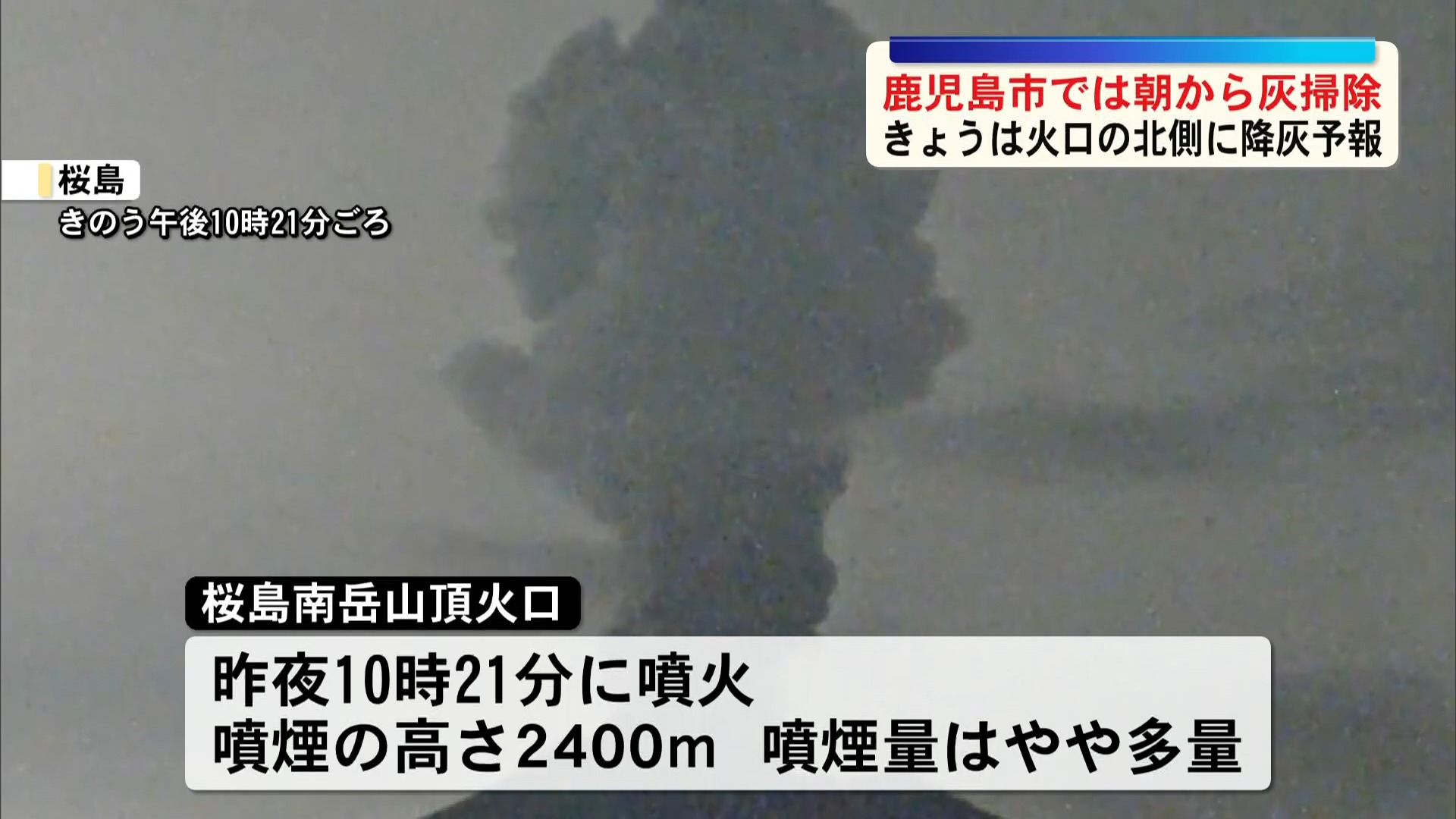 桜島で噴火続く　鹿児島市では溜まった灰掃除も　22日の降灰は火口の北方向へ