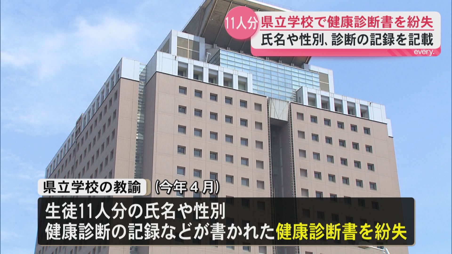 【紛失】県立学校で生徒11人分の健康診断書が紛失　外部への流出など確認されず　保護者には謝罪　