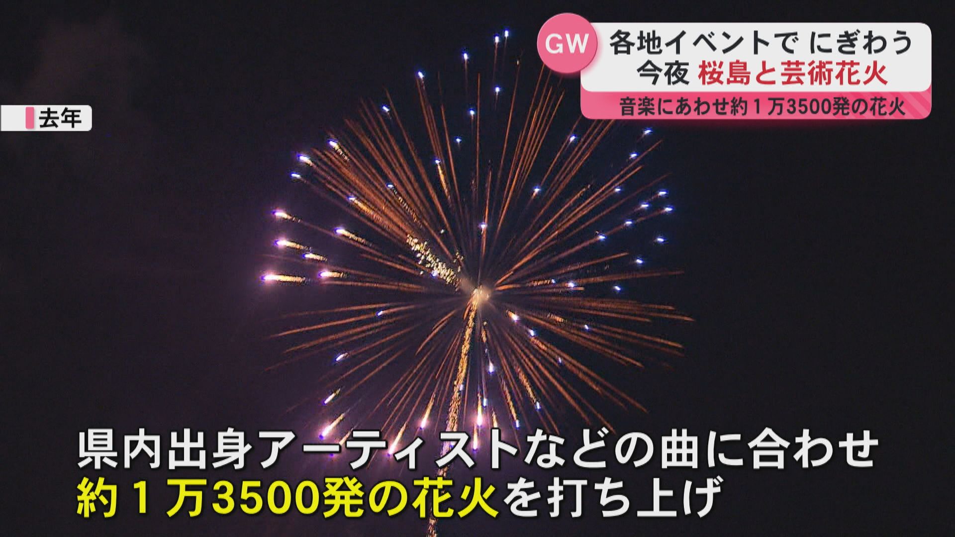 26日夜桜島と芸術花火 音楽にあわせ約1万3500発の花火