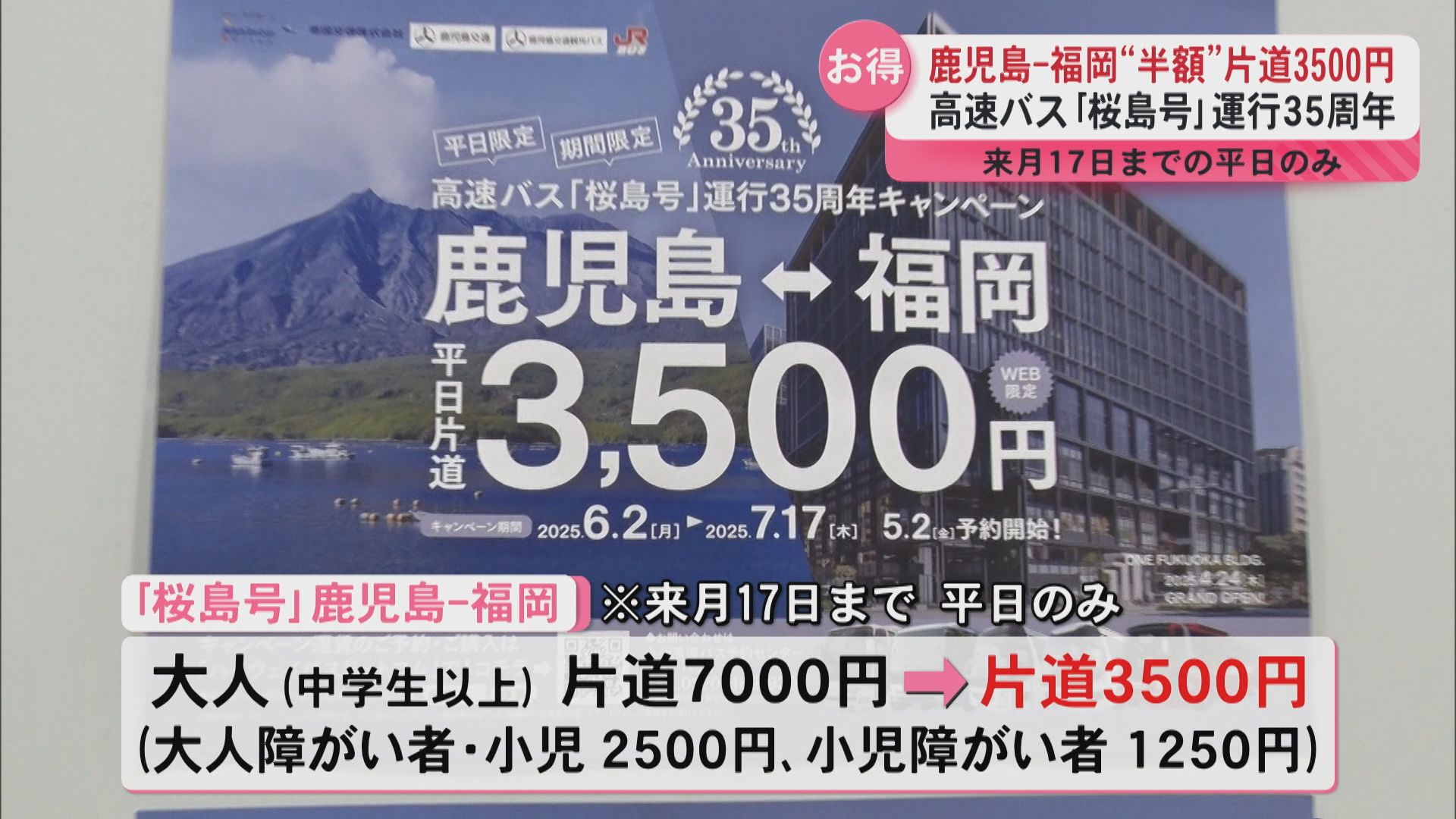 高速バス鹿児島-福岡半額の片道3500円 桜島号運行開始35年キャンペーン