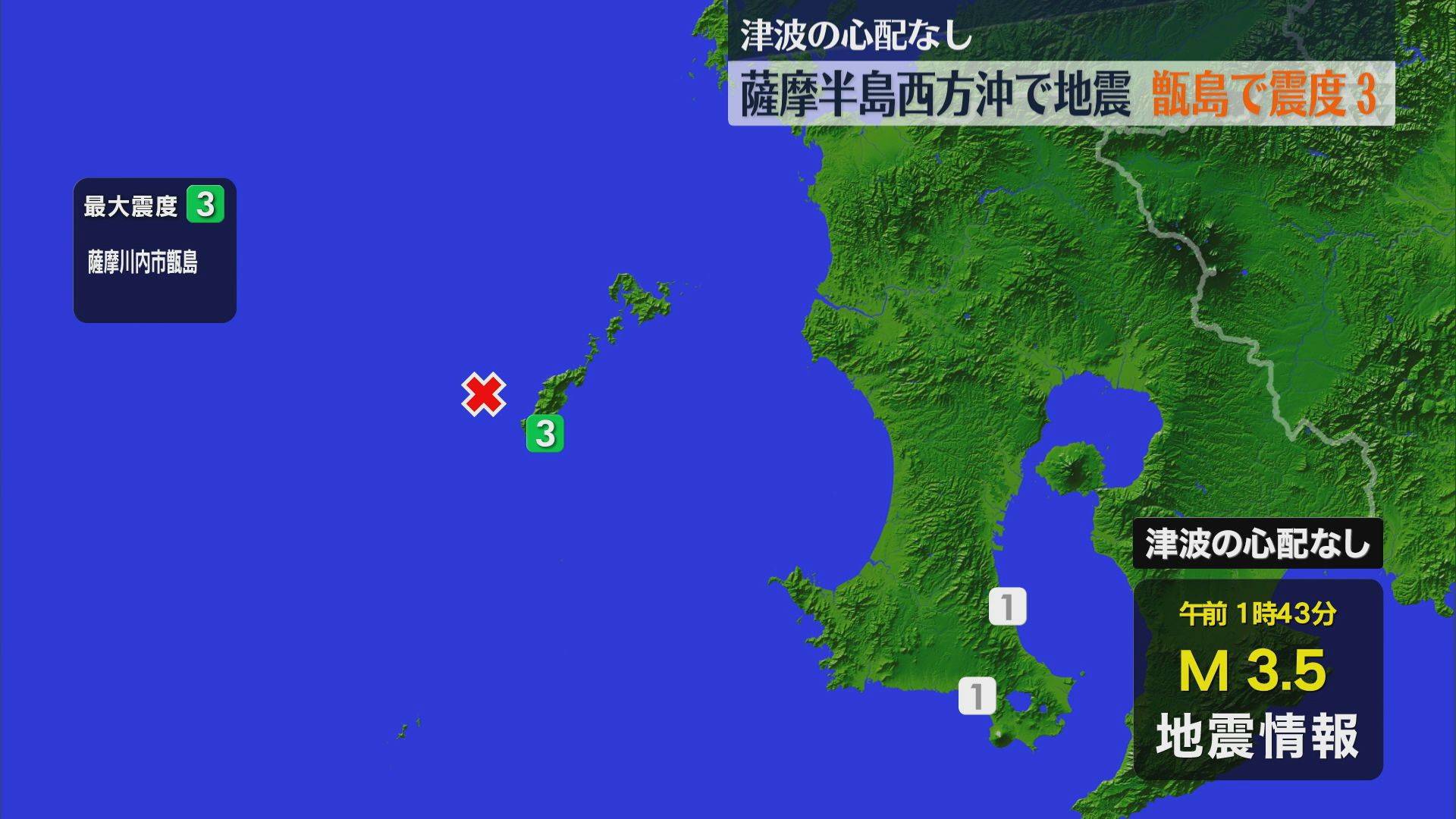 薩摩半島西方沖で地震　甑島で震度3を観測　津波の心配なし
