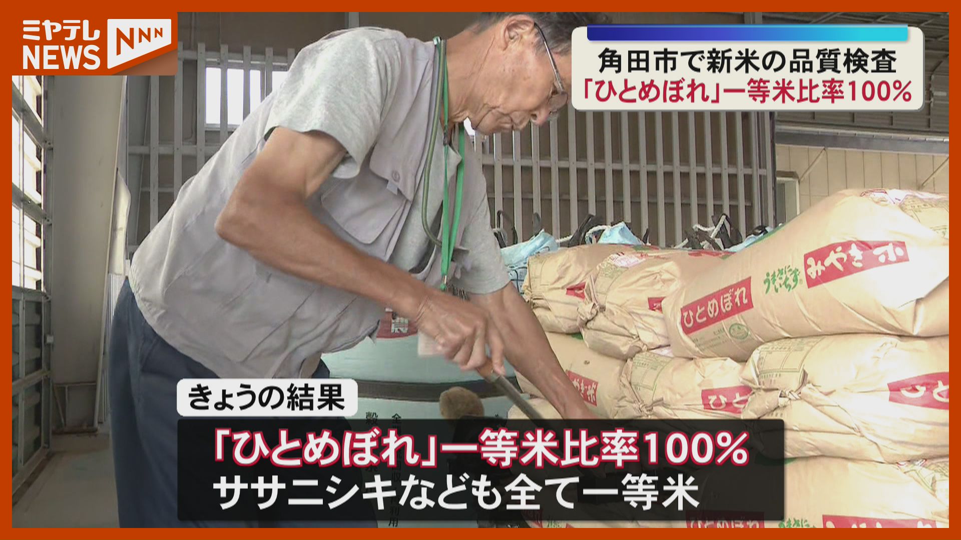県内でトップ切り「ひとめぼれ」新米の品質検査・一等米比率100
