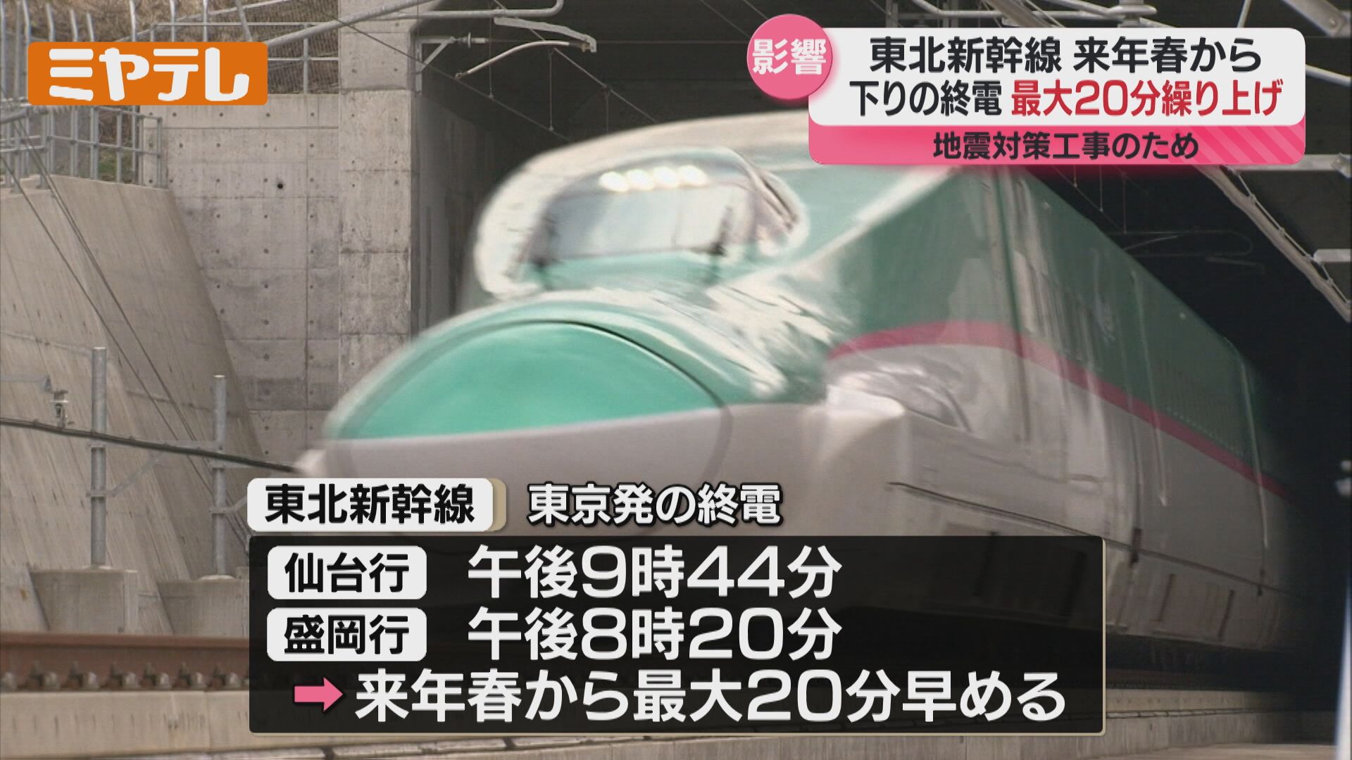 東北新幹線』下りの終電、最大20分早める…2026年春から（JR東日本