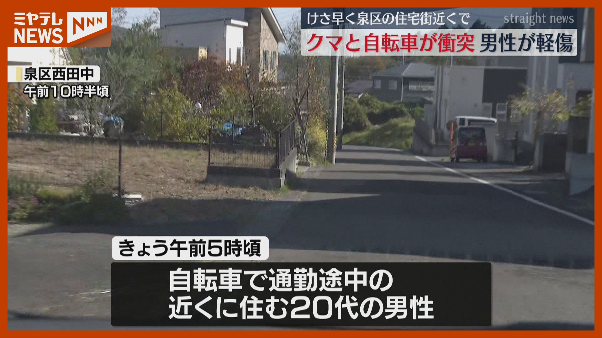 現場は仙台市の住宅街そば…クマが突然飛び出し自転車と衝突、20代男性