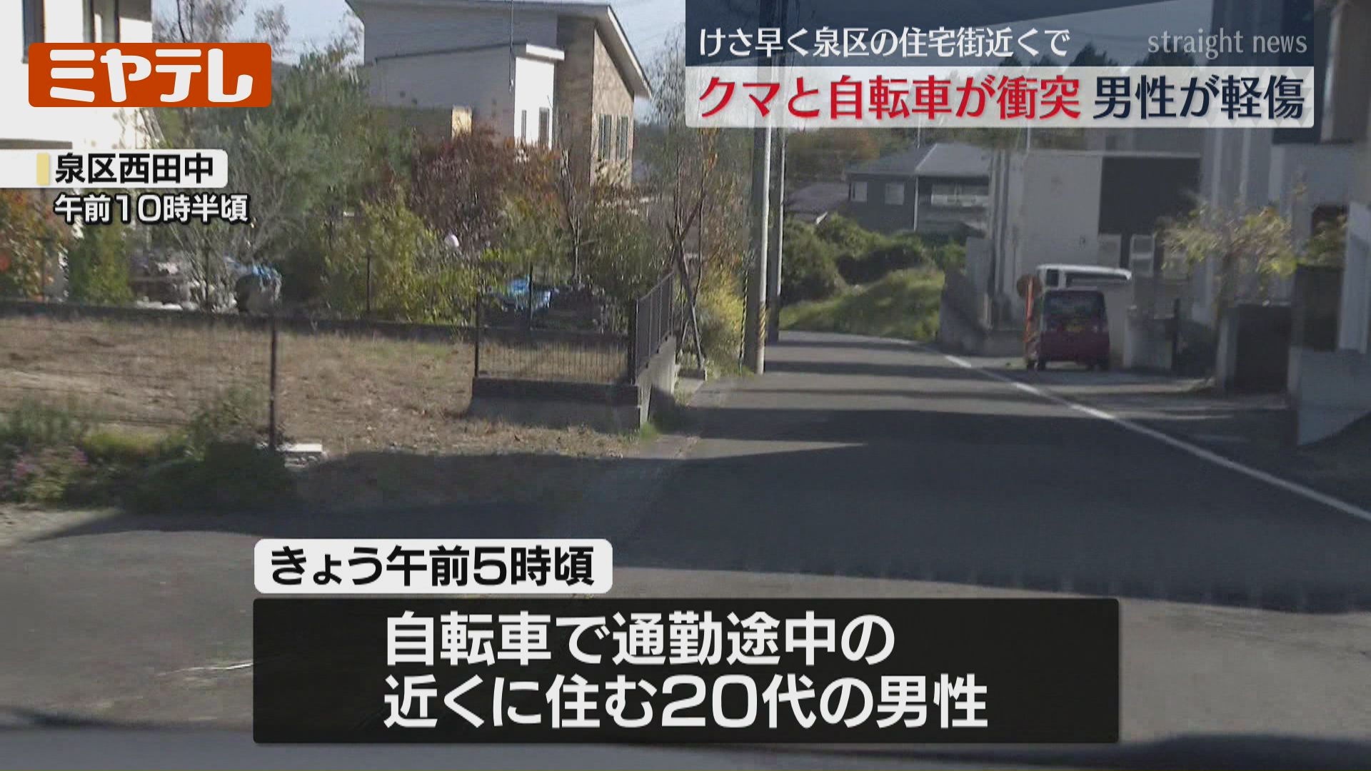 現場は仙台市の住宅街そば…クマが突然飛び出し自転車と衝突、20代男性