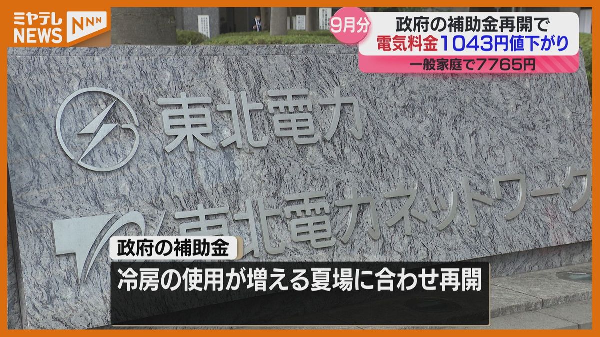 ＜9月分の電気料金＞一般的な家庭で『7765円』　前月より『1043円値下がり』（東北電力）