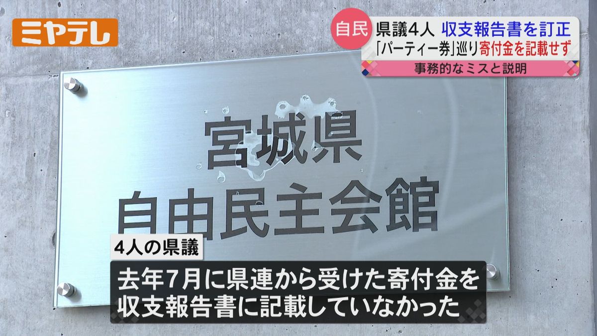 「事務的なミス」と説明　政治資金パーティー巡る県連からの寄付を収支報告書に記載せず　宮城県議4人が今月訂正